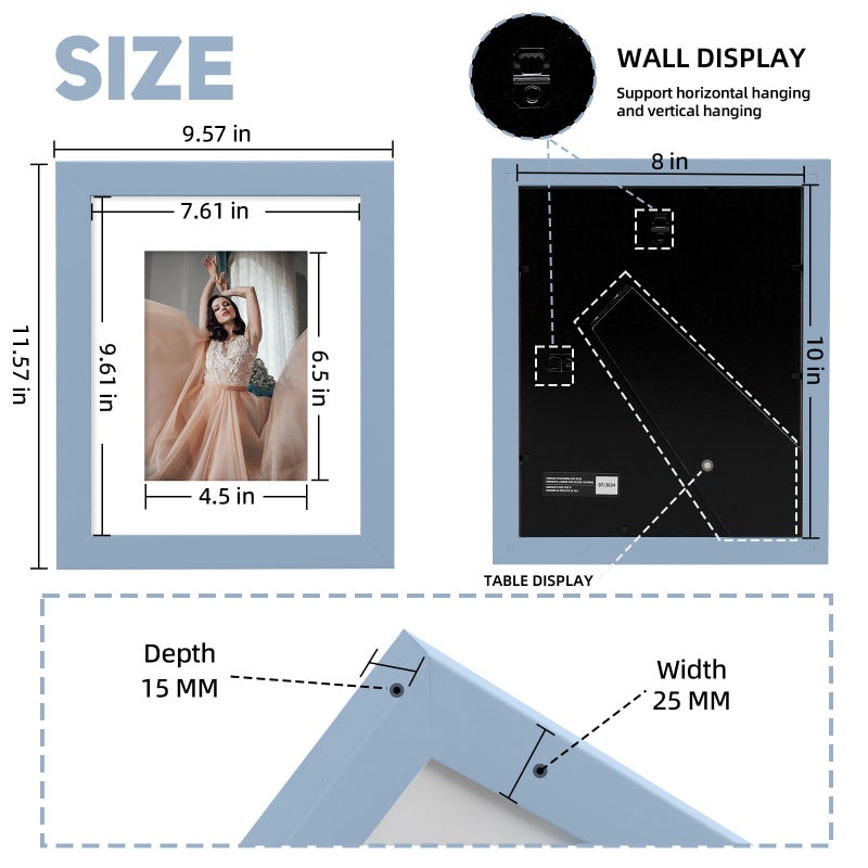 Muzilife 8x10 Wood Picture Frame with Real Glass Cover, Blue Photo Frame Display Pictures 5x7 with Mat or 8x10 Without Mat, Vertical & Horizontal on Wall or Tabletop, 2pcs - Image 2